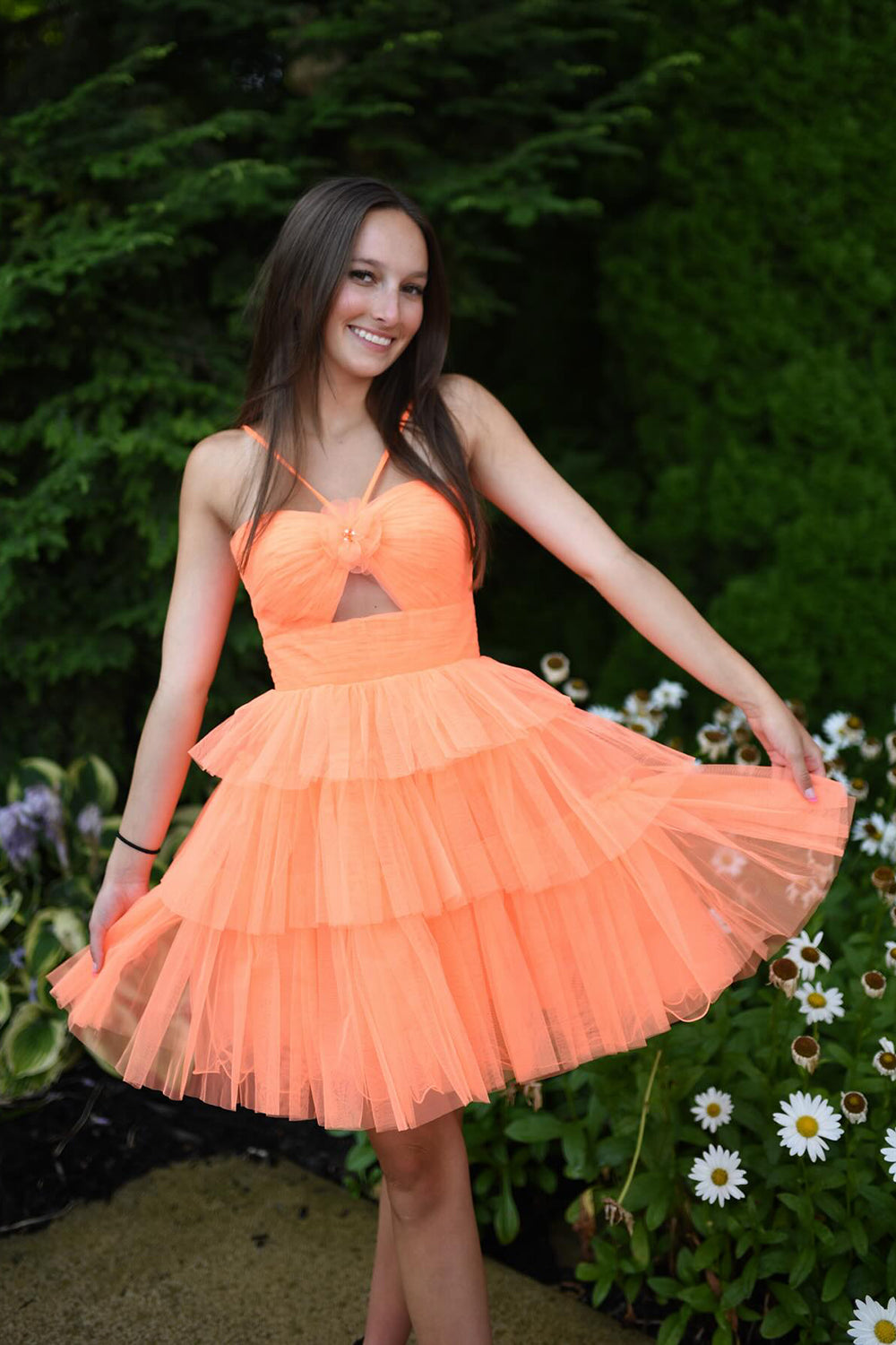 Orange Spaghetti Straps A-Line Tulle Tiered Short Homecoming Dress