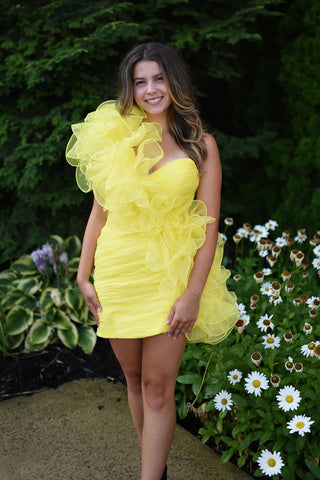 Yellow One Shoulder Bodycon Ruched Short Homecoming Dress 