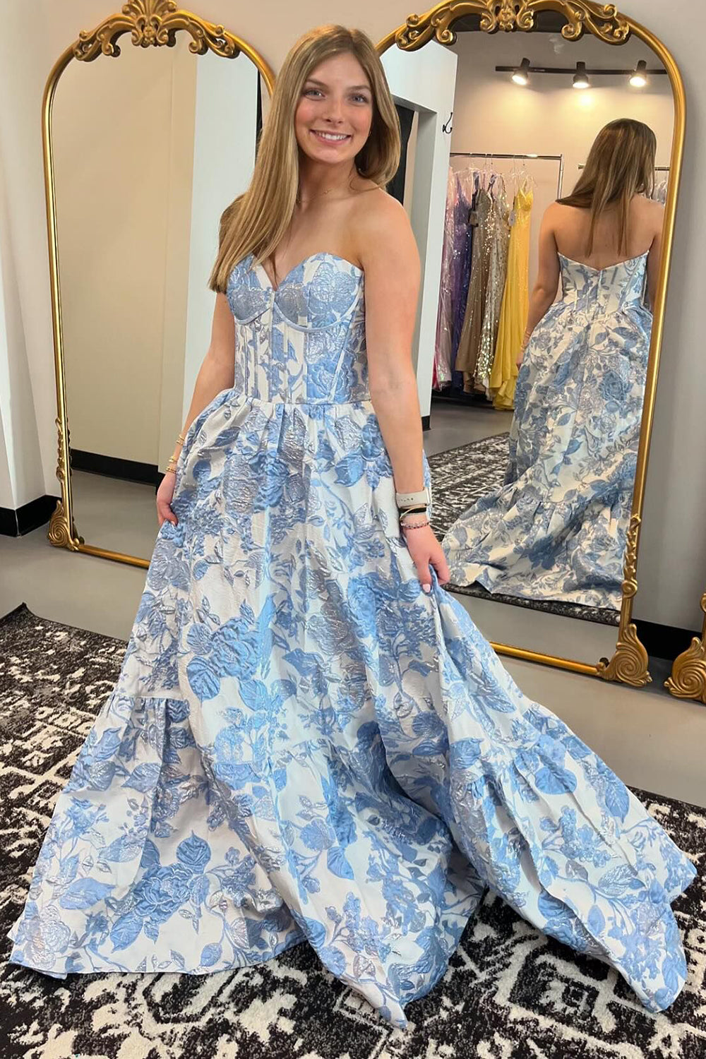 Chic Blue Floral Sweetheart A-Line Long Corset Prom Dress