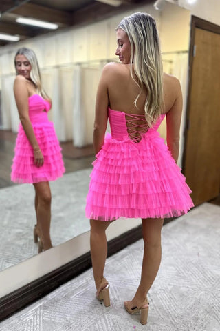 Navy Strapless A-Line Tulle Tiered Short Homecoming Dress 
