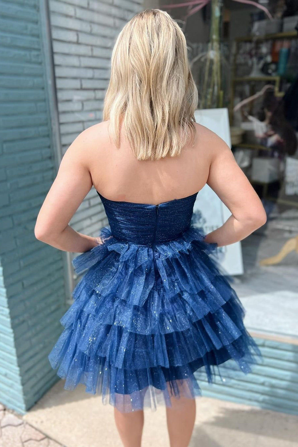 Navy Strapless A-Line Tulle Tiered Short Homecoming Dress 