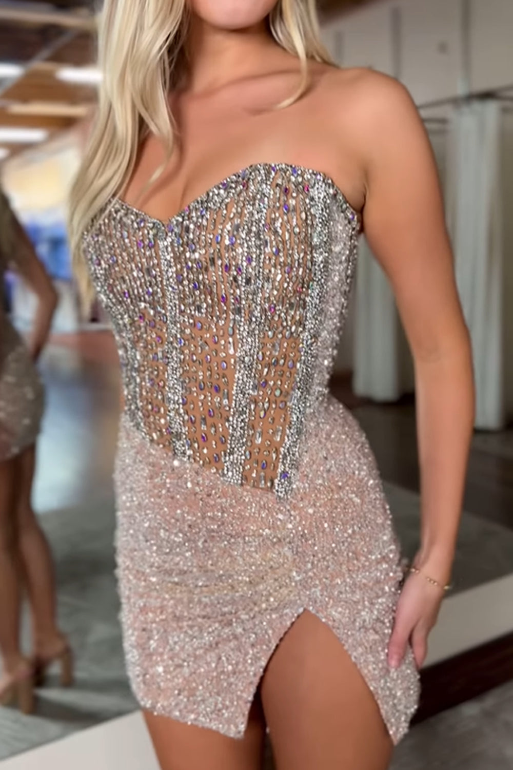 Champagne Strapless Bodycon Sequins Short Corset Homecoming Dress with Beading