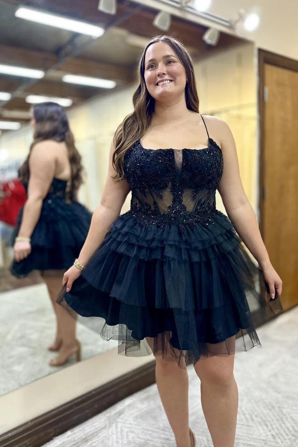 Hot Pink Spaghetti Straps A-Line Tulle Tiered Short Corset Homecoming Dress with Appliques