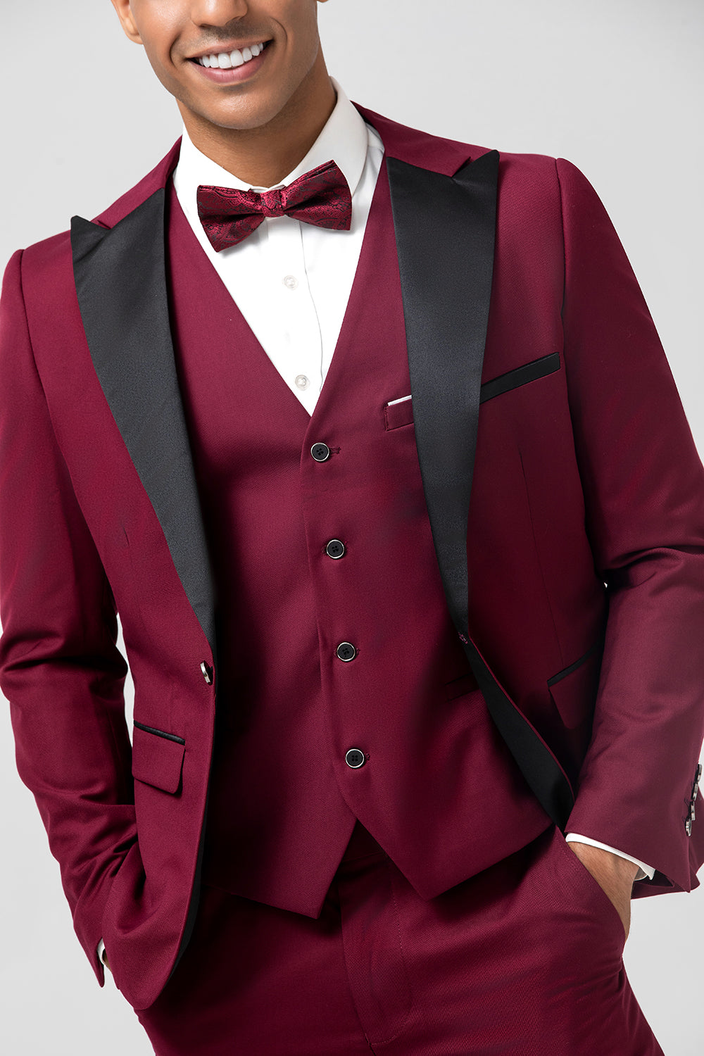 Burgundy Peak Lapel Slim Fit 3 Pieces Formal Prom Men's Suits