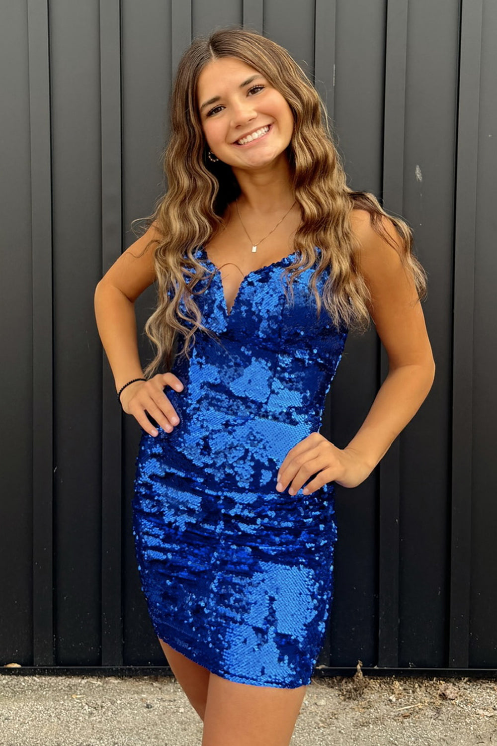 Sparkly Royal Blue Spaghetti Straps Sequins Bodycon Short Homecoming Dress 