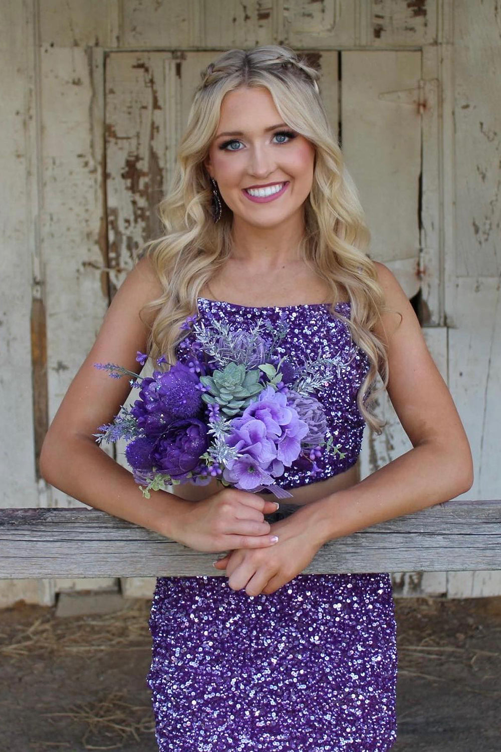 Sparkly Purple Spaghetti Straps Sequins 2 Pieces Bodycon Short Homecoming Dress 