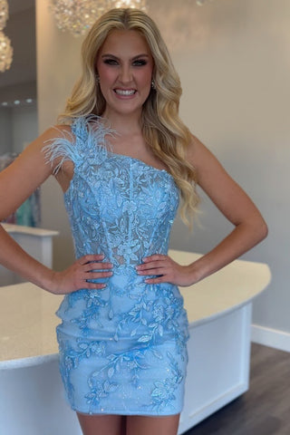 Blue One Shoulder Bodycon Corset Short Homecoming Dress with Appliques and Feather