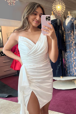 White One Shoulder Ruched Satin Bodycon Short Homecoming Dress with Slit
