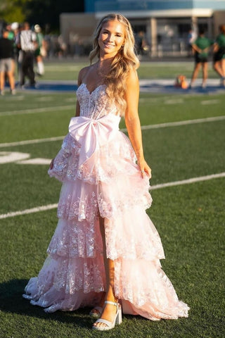 Sparkly Black Sweetheart A-Line Sequins Ruffled Long Corset Prom Dress with Bow