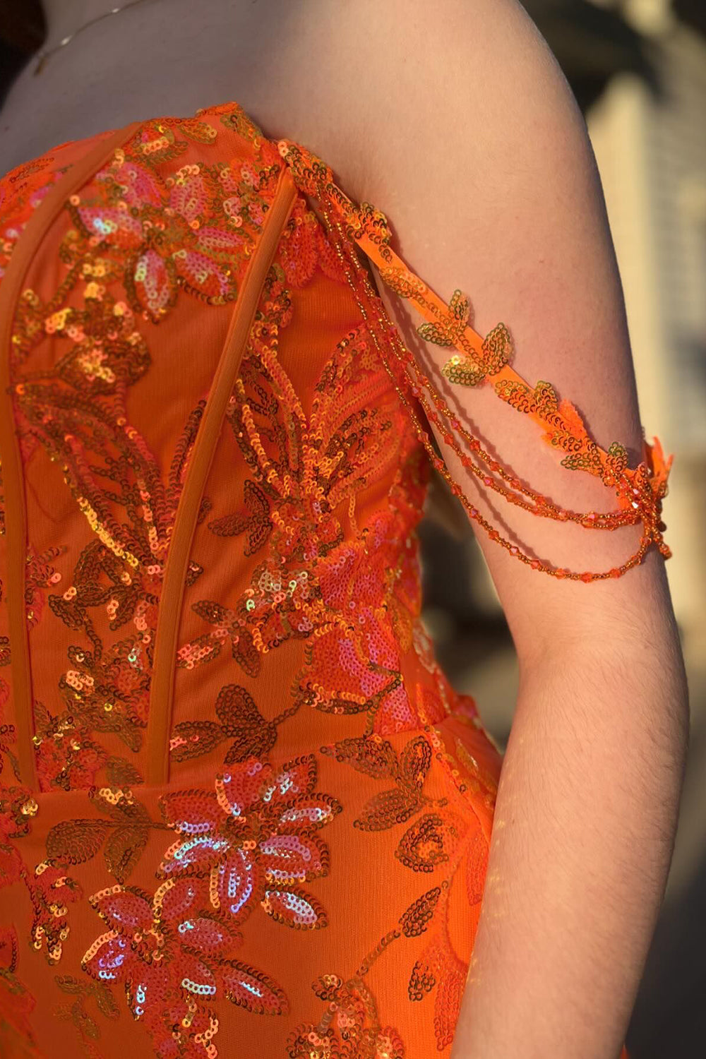 Sparkly Orange Off the Shoulder Sequins Mermaid Long Corset Prom Dress with Slit