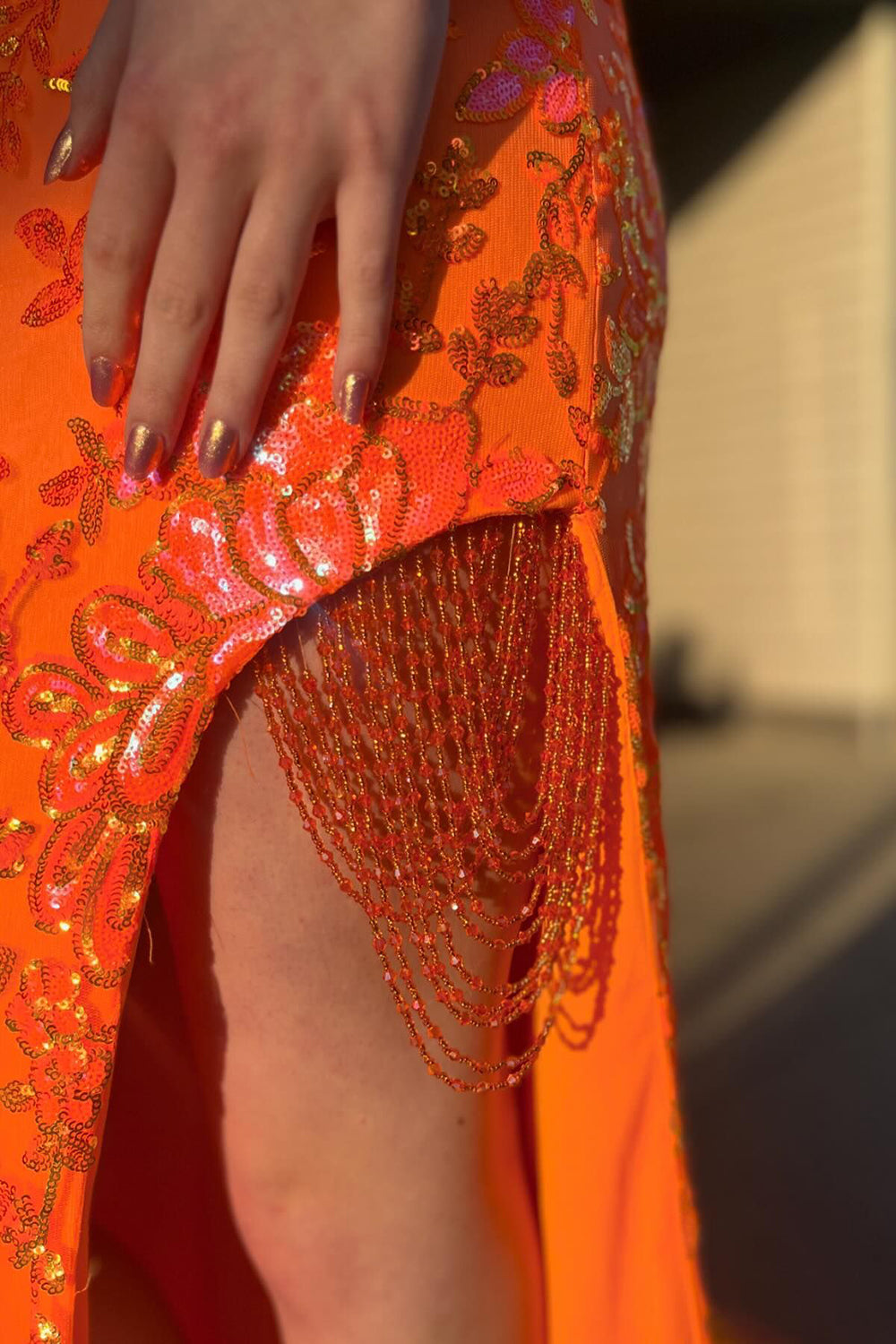 Sparkly Orange Off the Shoulder Sequins Mermaid Long Corset Prom Dress with Slit