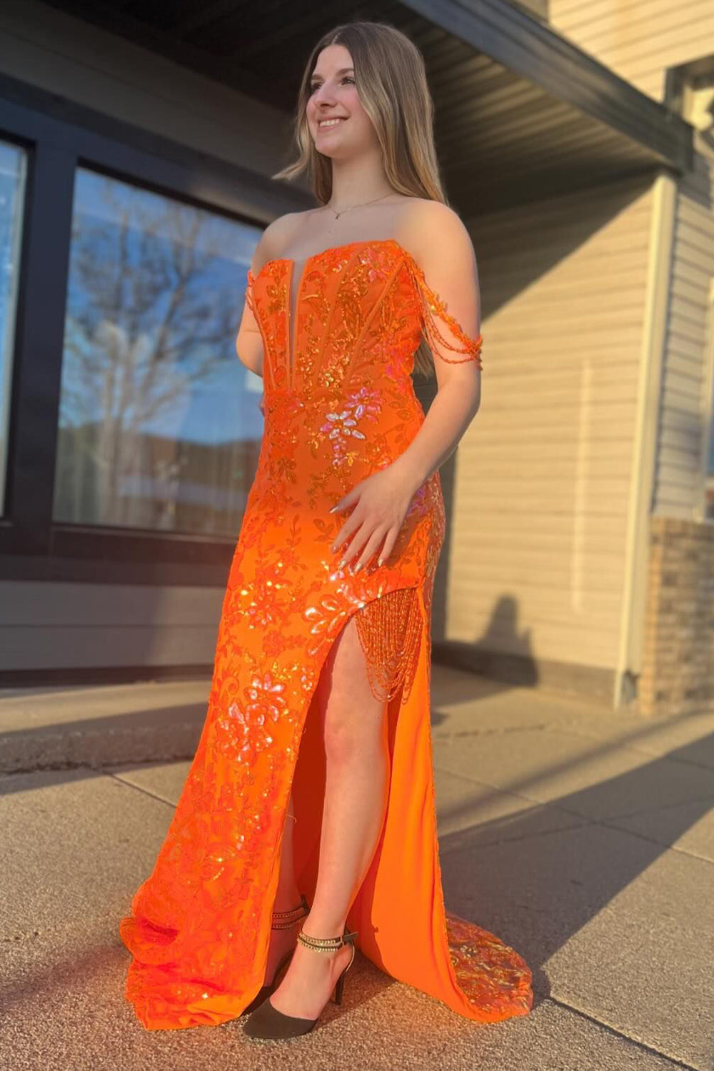Sparkly Orange Off the Shoulder Sequins Mermaid Long Corset Prom Dress with Slit