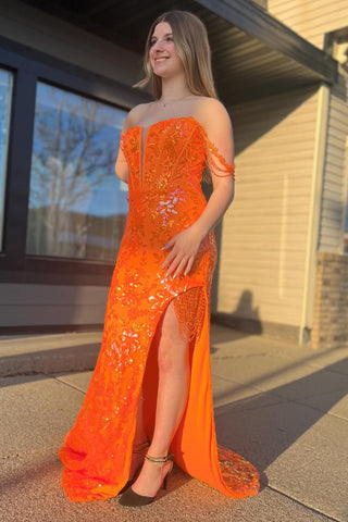 Sparkly Orange Off the Shoulder Sequins Mermaid Long Corset Prom Dress with Slit