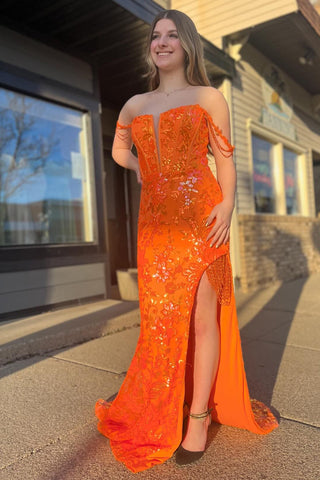 Sparkly Orange Off the Shoulder Sequins Mermaid Long Corset Prom Dress with Slit