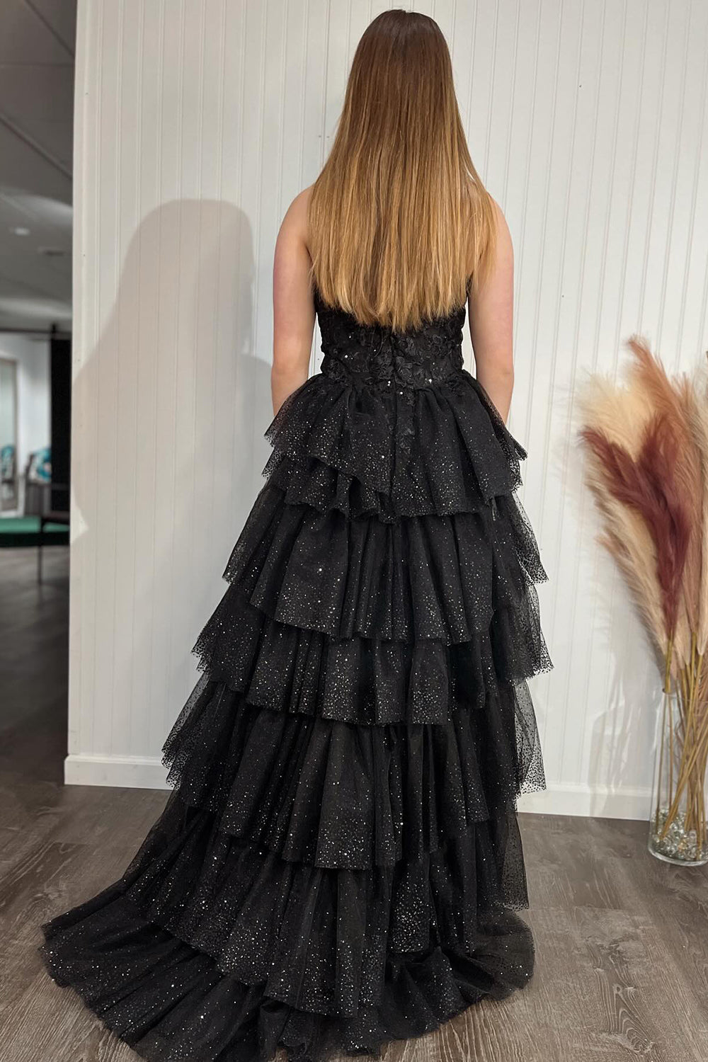 Sparkly Black Sweetheart Tulle A-Line Tiered Long Corset Prom Dress with Appliques