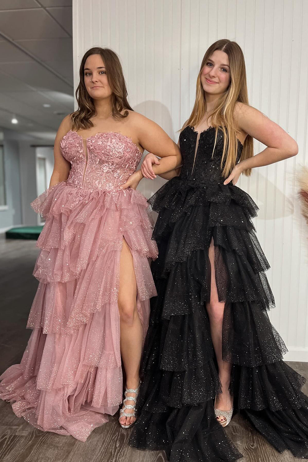Sparkly Black Sweetheart Tulle A-Line Tiered Long Corset Prom Dress with Appliques