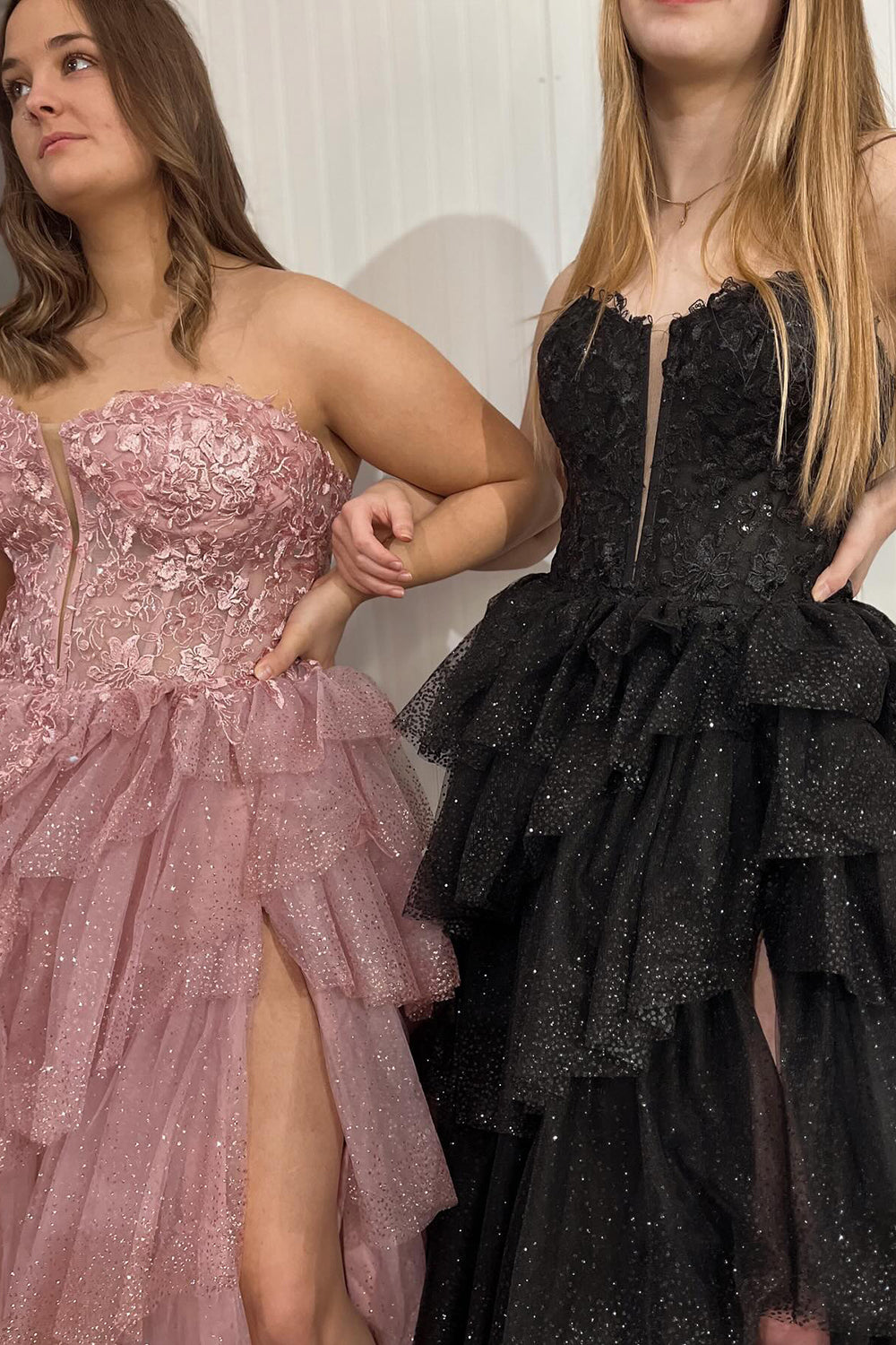 Sparkly Black Sweetheart Tulle A-Line Tiered Long Corset Prom Dress with Appliques