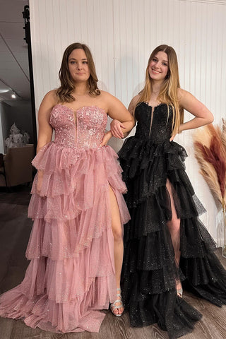 Sparkly Black Sweetheart Tulle A-Line Tiered Long Corset Prom Dress with Appliques