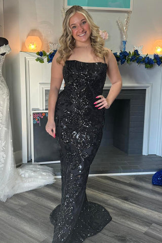Sparkly Black Spaghetti Straps Mermaid Sequins Long Prom Dress 