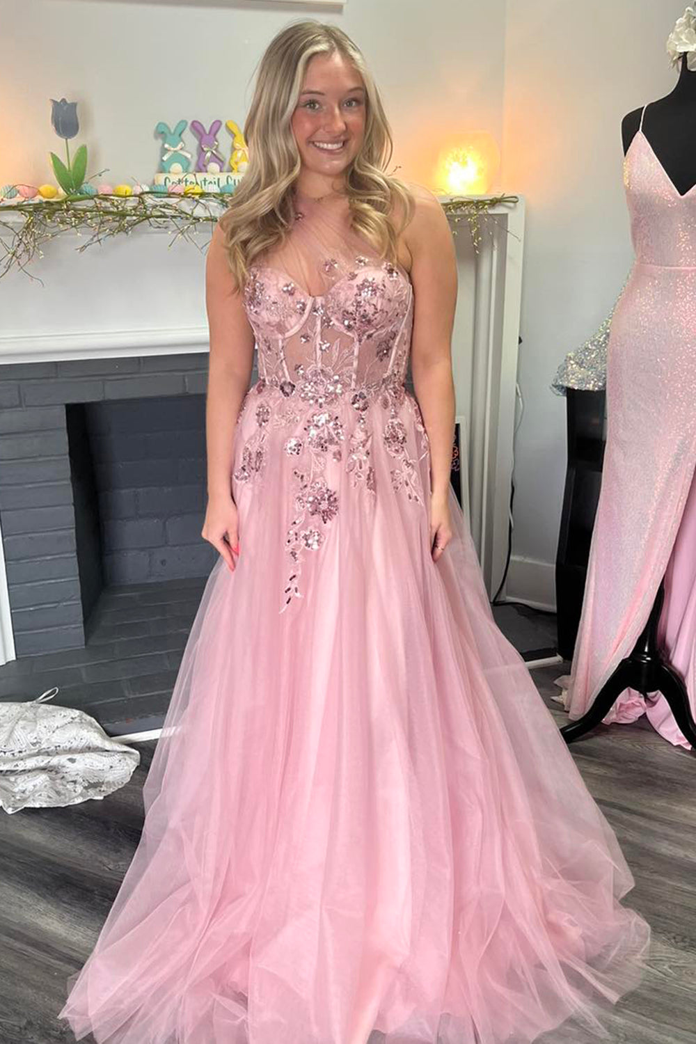 Sparkly Pink One Shoulder Tulle A-Line Long Corset Prom Dress with Sequins