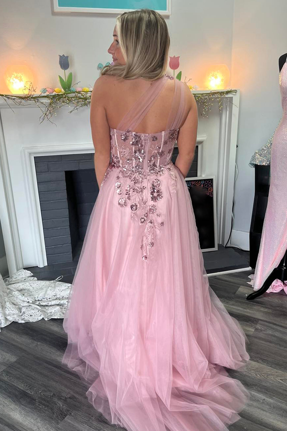 Sparkly Pink One Shoulder Tulle A-Line Long Corset Prom Dress with Sequins