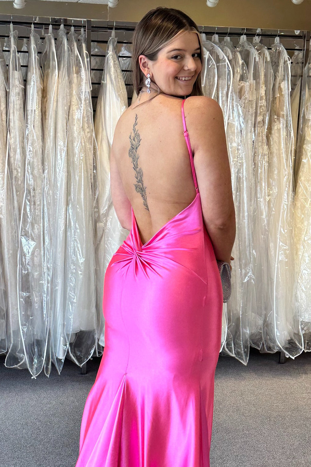Fuchsia Spaghetti Straps Satin Mermaid Long Prom Dress with Open Back