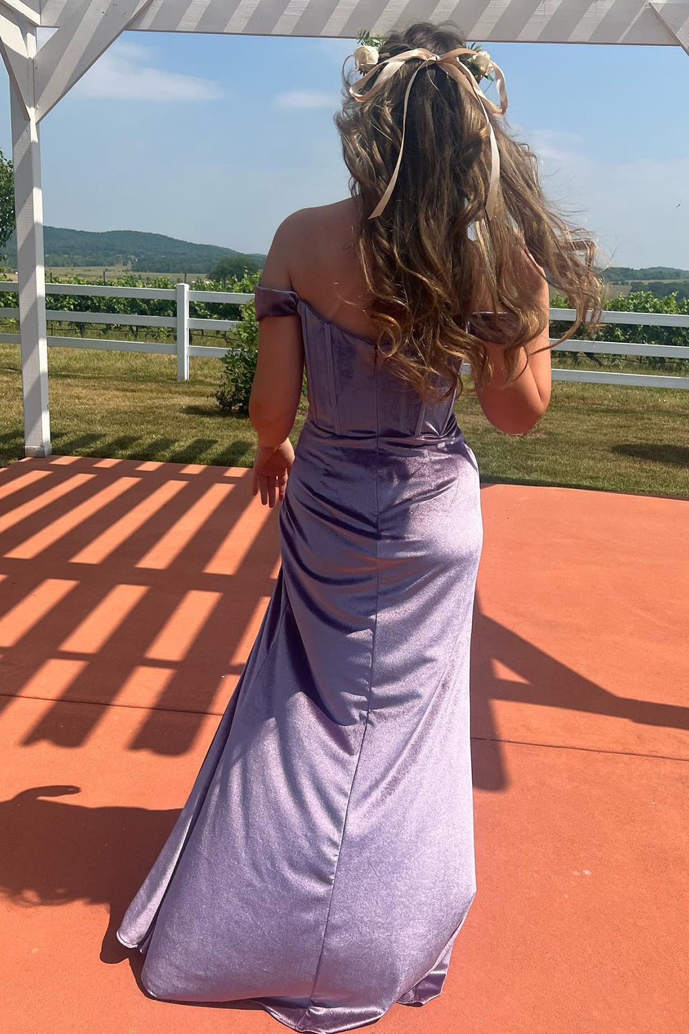 Purple Off the Shoulder Velvet Mermaid Long Corset Prom Dress with Slit