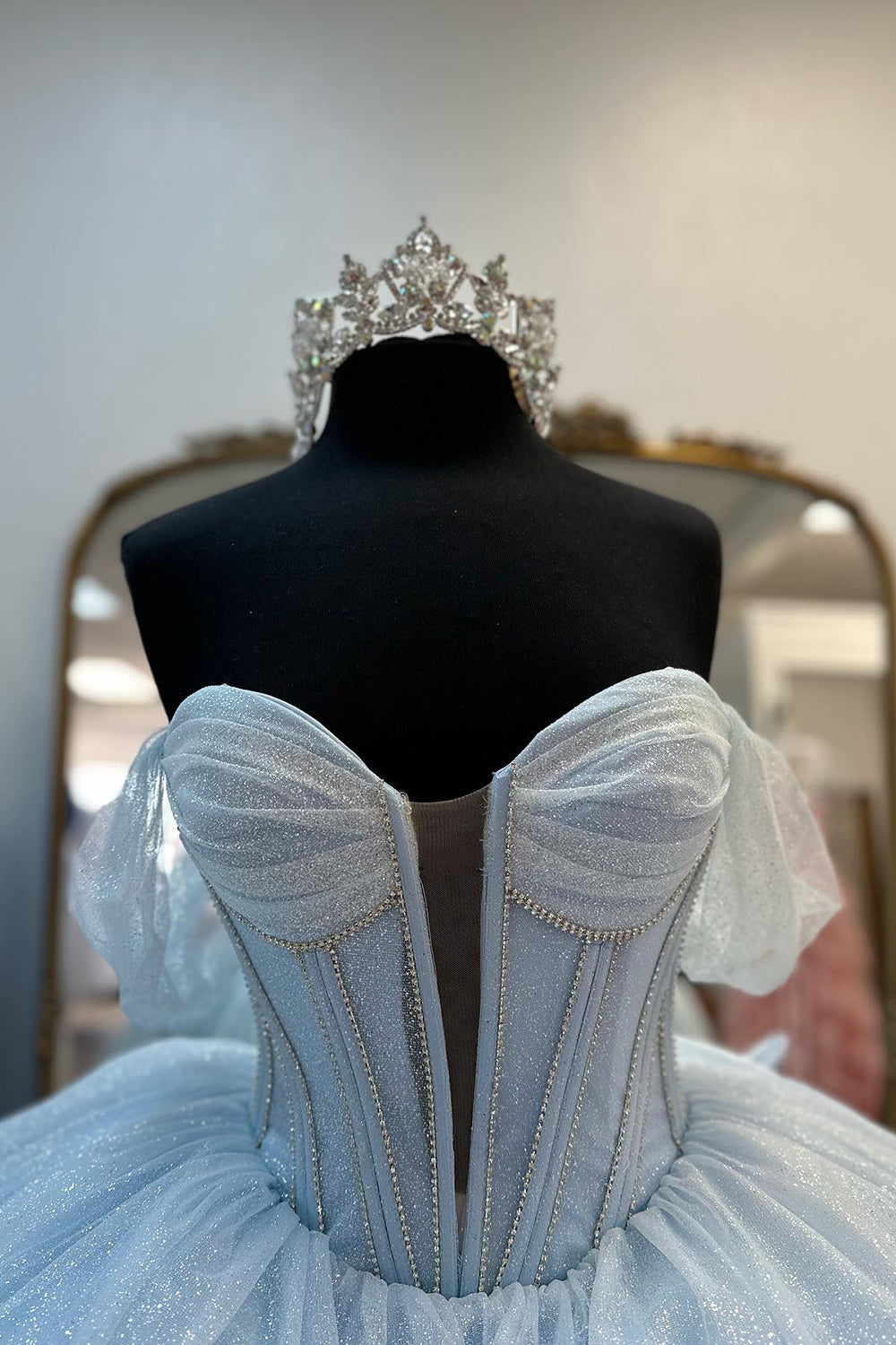 Sparkly Light Blue Off the Shoulder Tulle Princess Long Corset Prom Dress with Bow