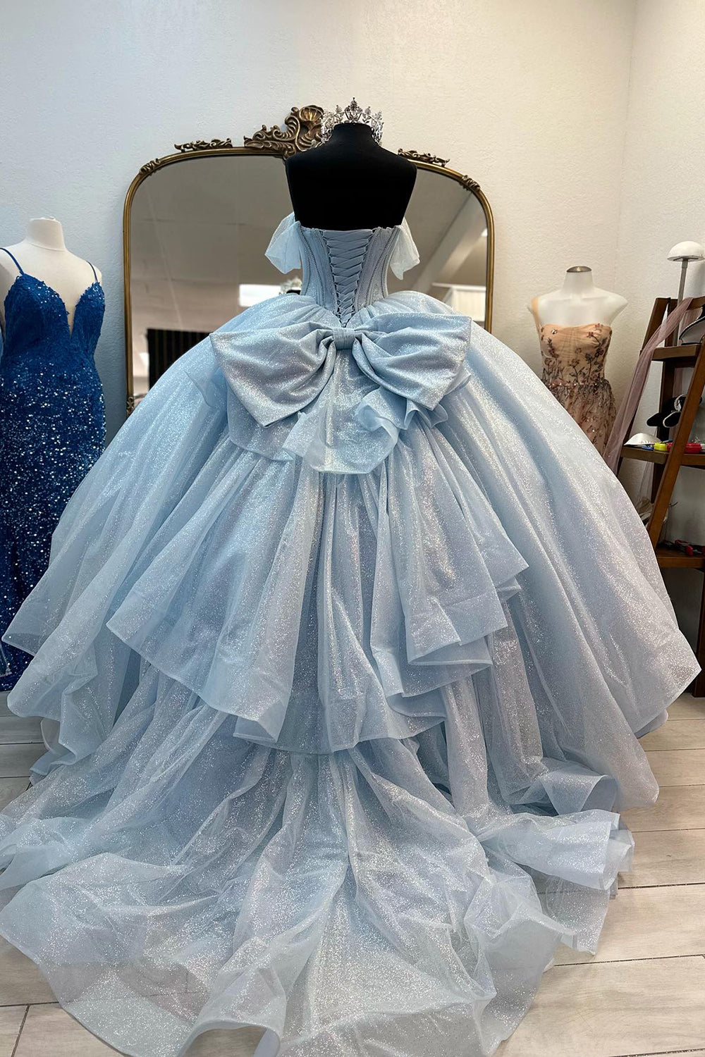 Sparkly Light Blue Off the Shoulder Tulle Princess Long Corset Prom Dress with Bow