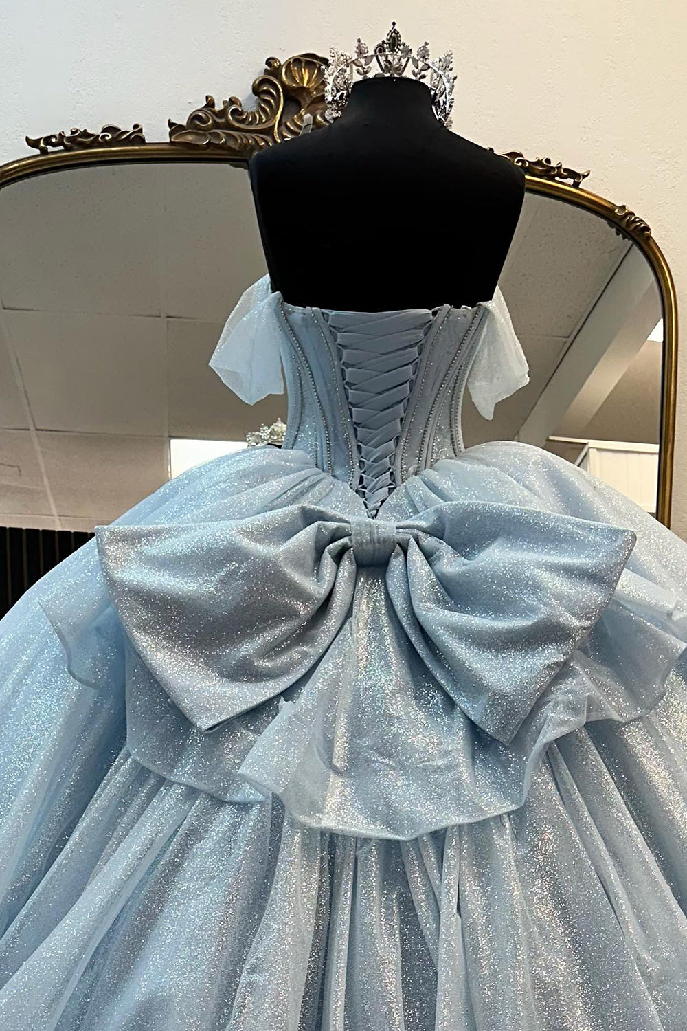 Sparkly Light Blue Off the Shoulder Tulle Princess Long Corset Prom Dress with Bow