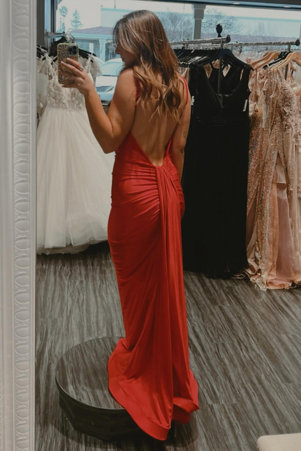 Red Spaghetti Straps Mermaid Satin Long Prom Dress with Open Back