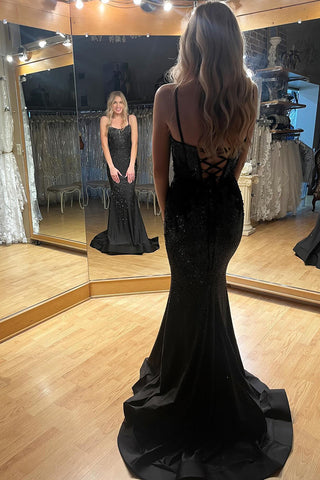 Glitter Black Spaghetti Straps Mermaid Long Corset Prom Dress with Beading