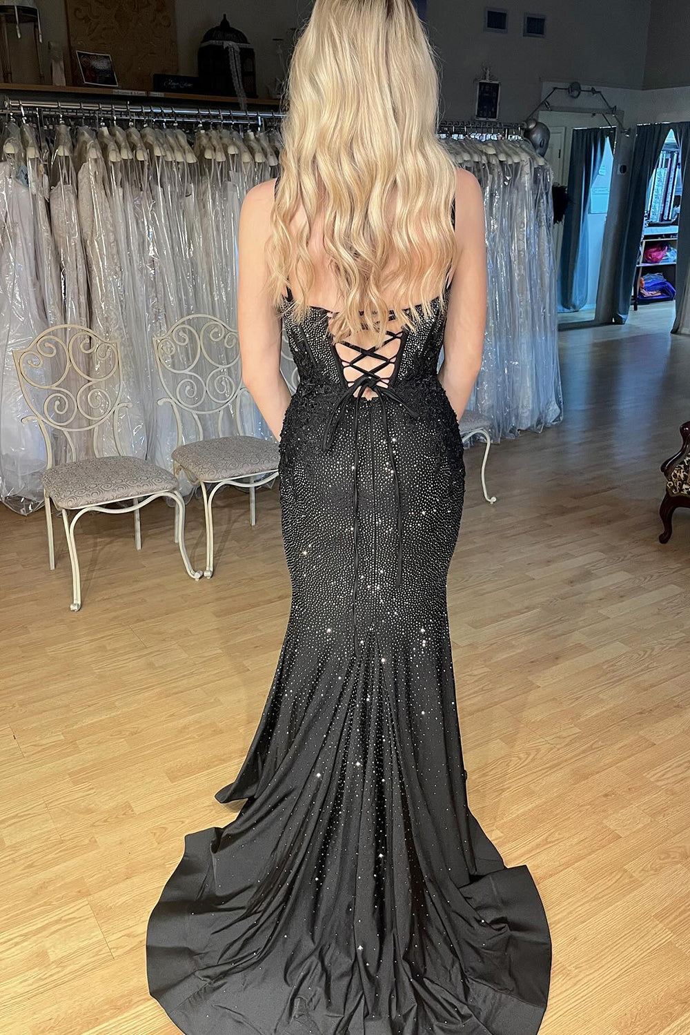 Glitter Black Spaghetti Straps Mermaid Long Corset Prom Dress with Beading