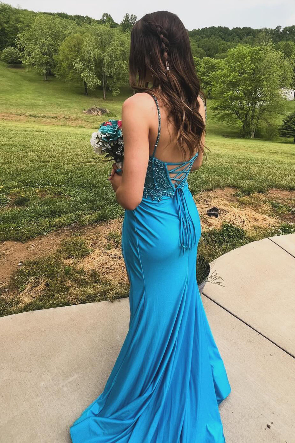 Turquoise Spaghetti Straps Mermaid Long Corset Prom Dress with Appliques