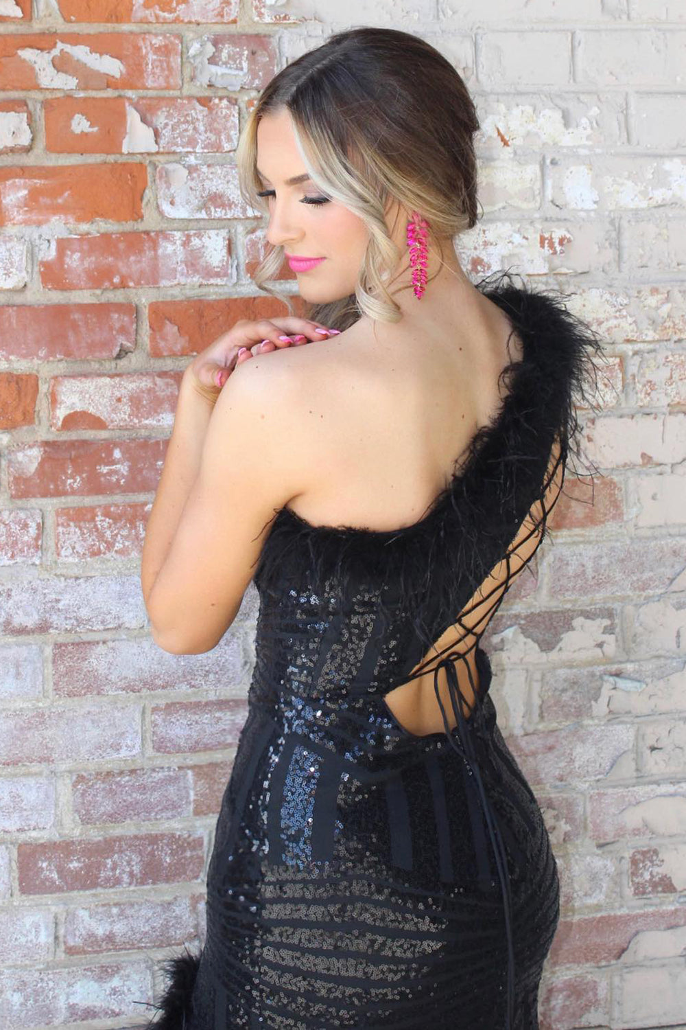 Sparkly Black One Shoulder Sequins Mermaid Long Prom Dress with Feather