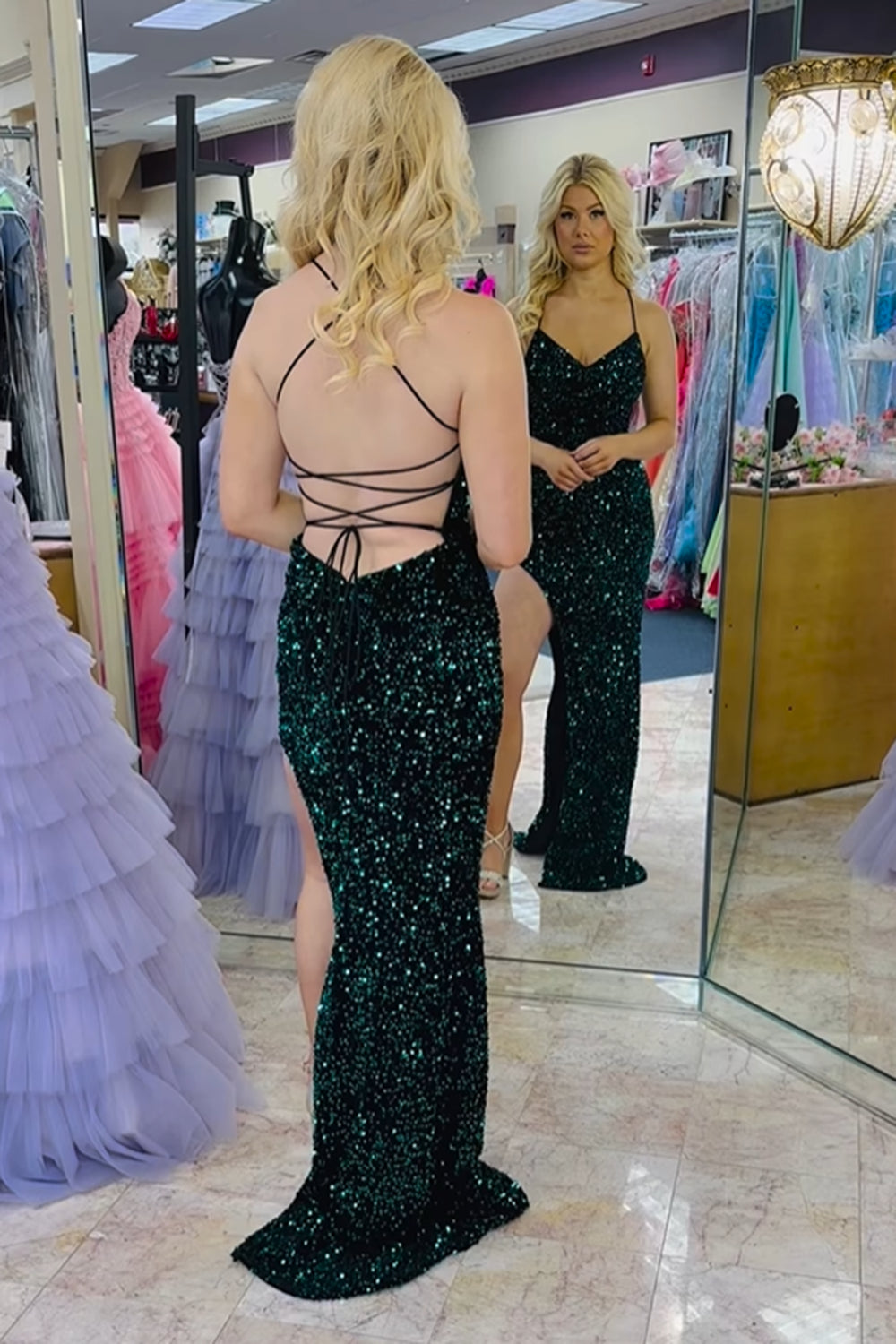 Sparkly Dark Green Spaghetti Straps Mermaid Sequins Long Prom Dress with Sllilt