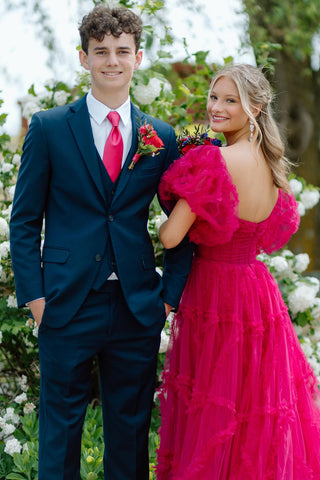 Fuchsia Square Neck A-Line Long Corset Prom Dress with Puff Sleeves