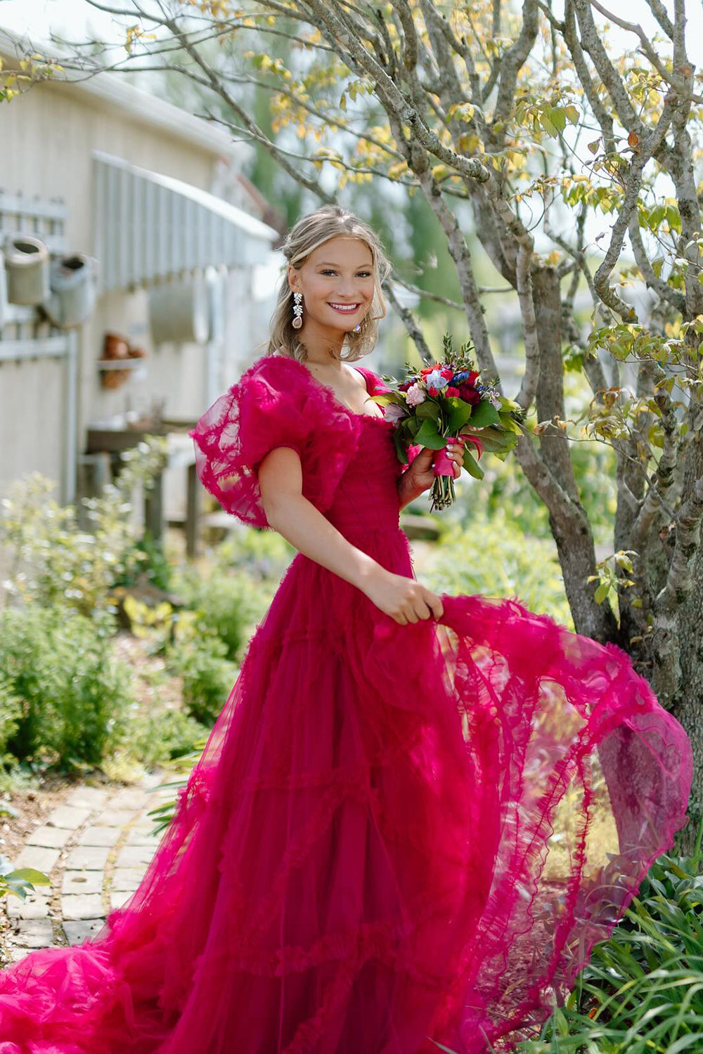Fuchsia Square Neck A-Line Long Corset Prom Dress with Puff Sleeves