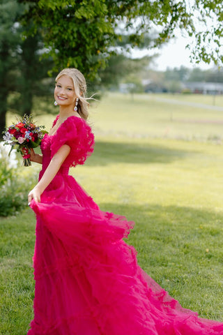 Fuchsia Square Neck A-Line Long Corset Prom Dress with Puff Sleeves