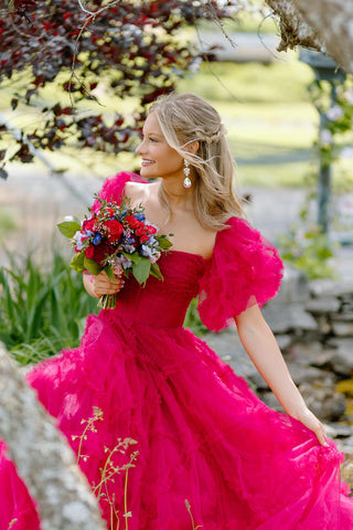 Fuchsia Square Neck A-Line Long Corset Prom Dress with Puff Sleeves