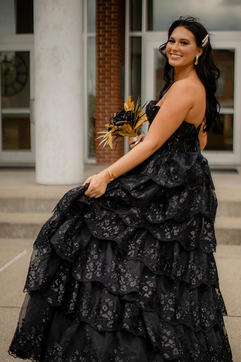 Black Strapless A-Line Tulle Tiered Long Corset Prom Dress with Sequins