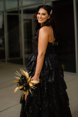 Black Strapless A-Line Tulle Tiered Long Corset Prom Dress with Sequins