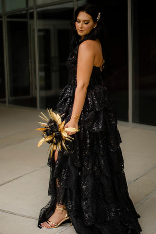 Black Strapless A-Line Tulle Tiered Long Corset Prom Dress with Sequins