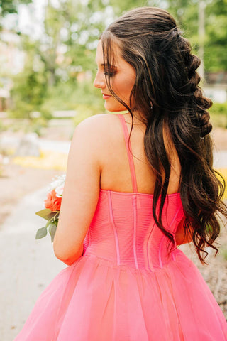 Pink Spaghetti Straps A-Line Tulle Tiered Long Corset Prom Dress