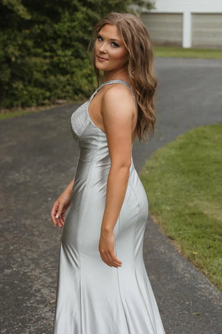 Fuchsia Halter Neck Mermaid Satin Long Prom Dress with Beading