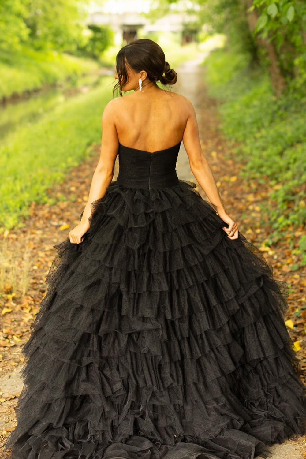 Black Sweetheart Princess Tulle Tiered Long Corset Prom Dress with Slit
