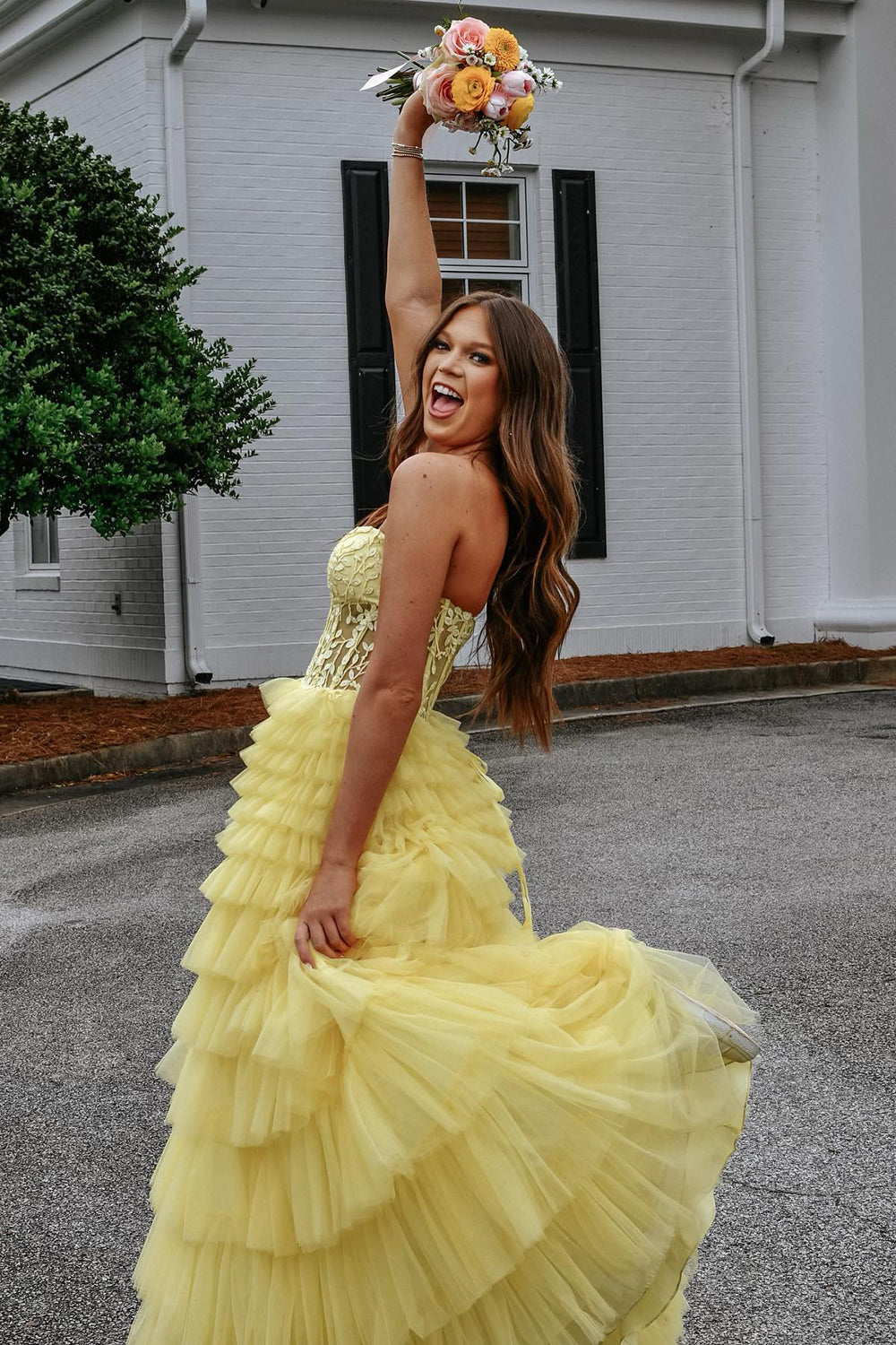Yellow Sweetheart Princess Tulle Tiered Long Corset Prom Dress with Appliques