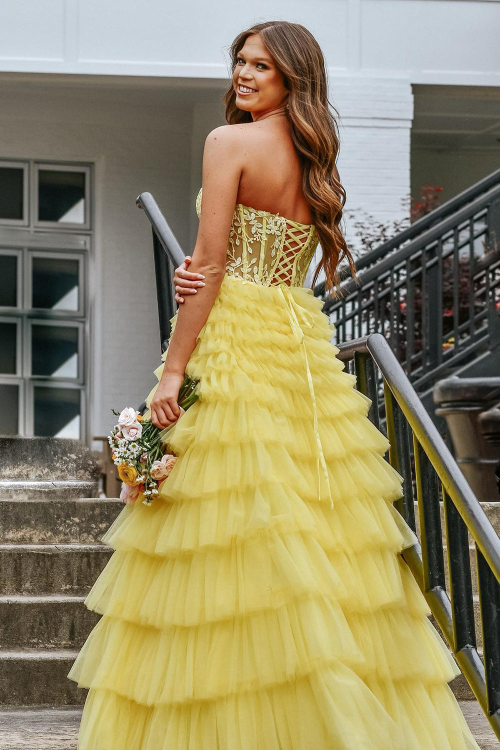 Yellow Sweetheart Princess Tulle Tiered Long Corset Prom Dress with Appliques
