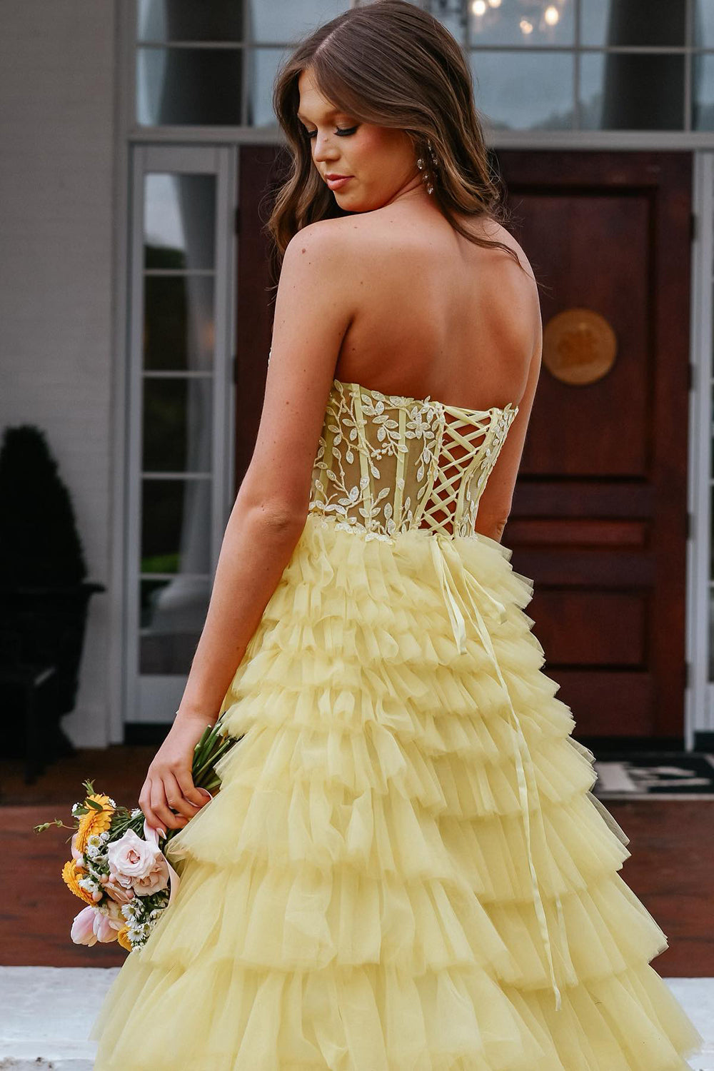 Yellow Sweetheart Princess Tulle Tiered Long Corset Prom Dress with Appliques