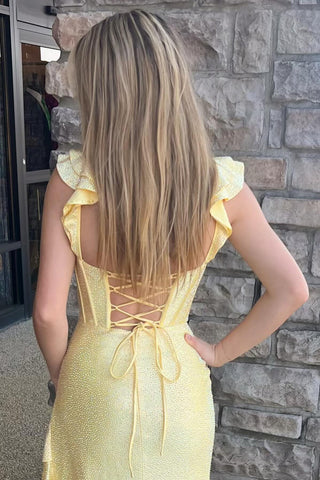 Glitter Yellow Spaghetti Straps Mermaid Beaded Long Corset Prom Dress with Ruffles
